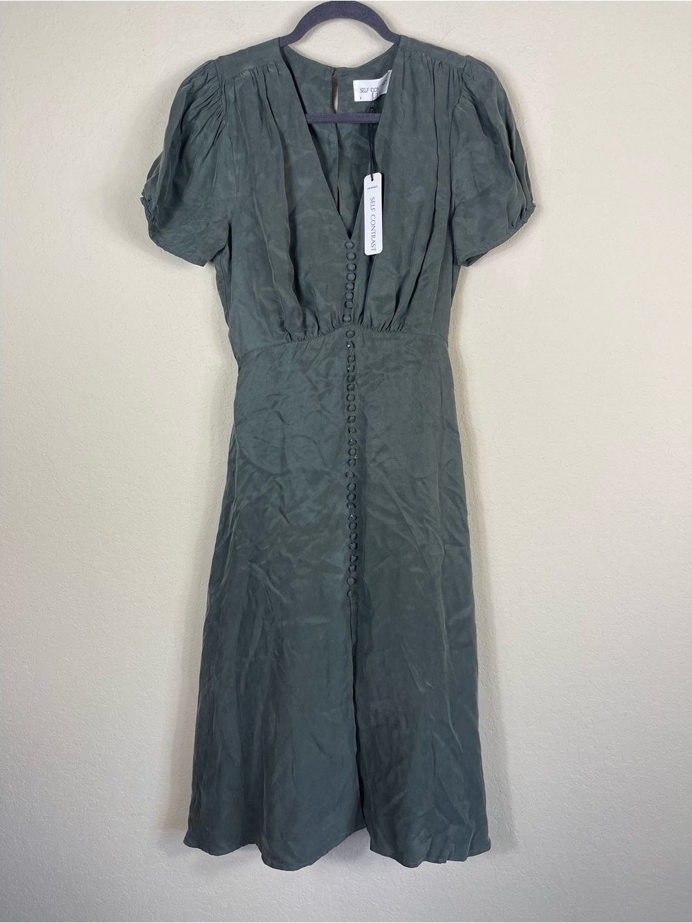 Self Contrast V Neck Puff Sleeve Midi Dress Green Size Small NWT